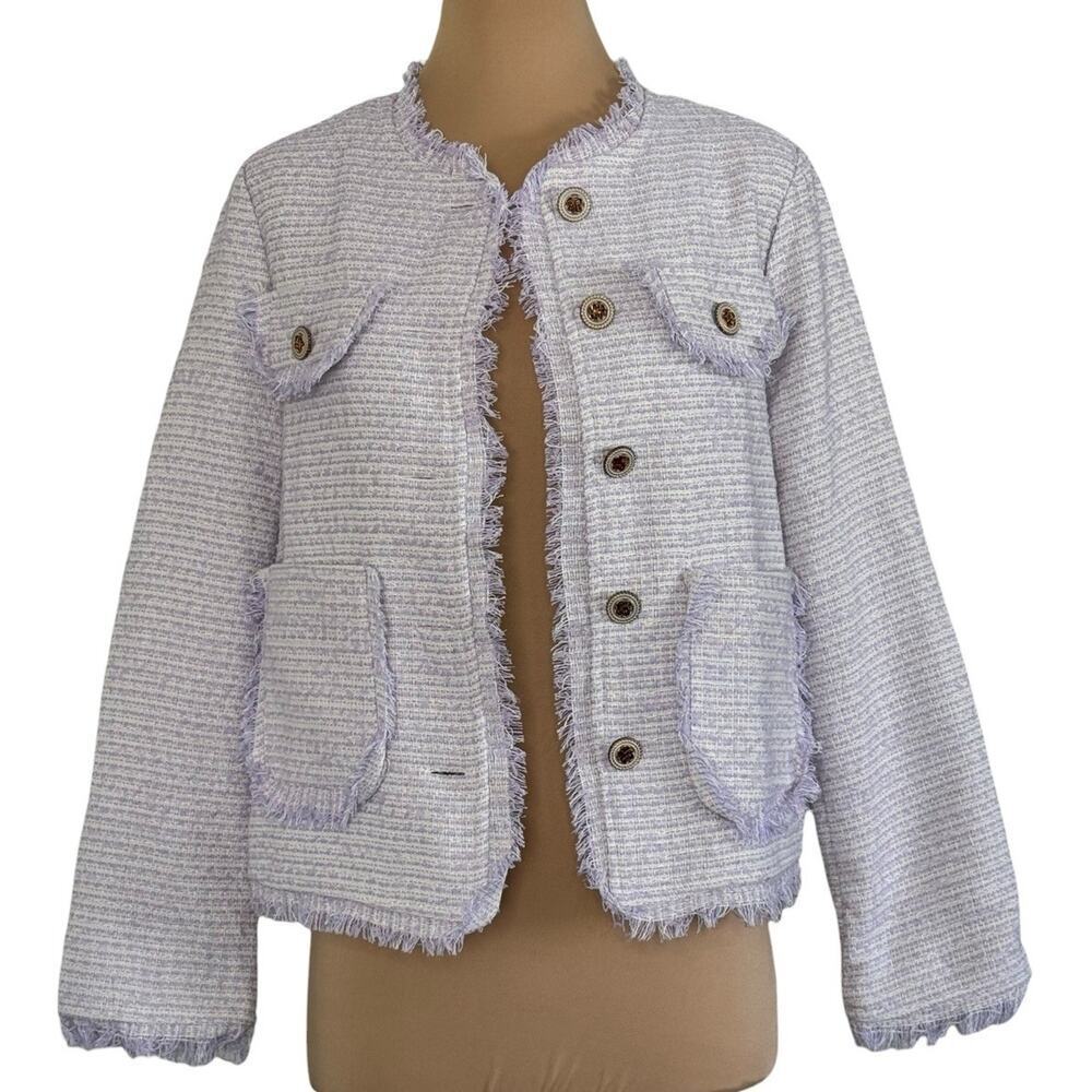 BBGD Lavender Tweed Fringe Designer Blazer Jacket Button Cropped Parisian Size L - Picture 3 of 10
